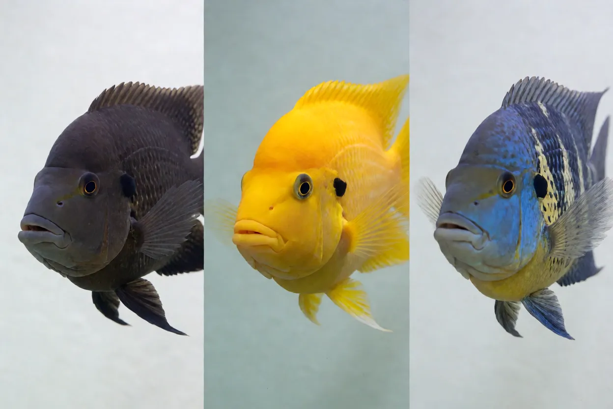 Comparação das cores de tucunaré-açu, amarelo e azul