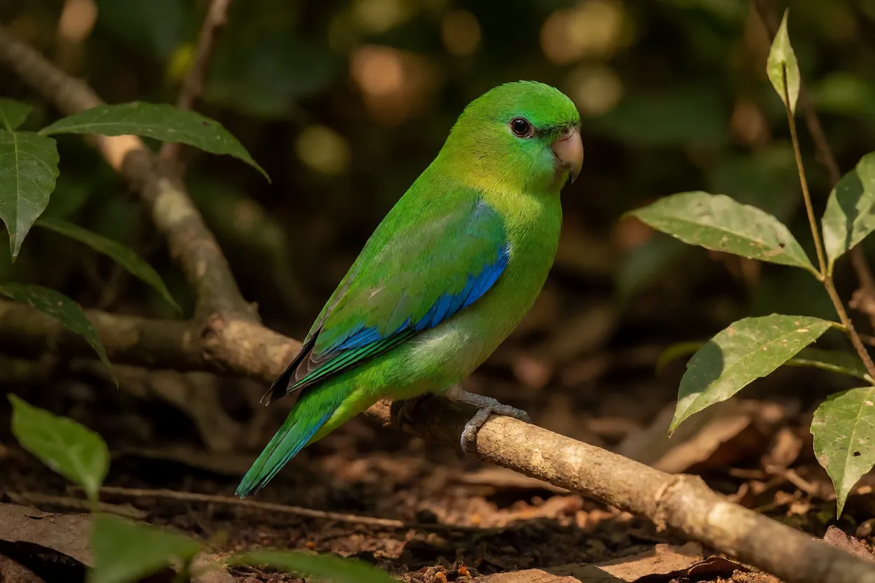 Tuim macho adulto pousado em galho fino mostrando manchas azuis nas asas