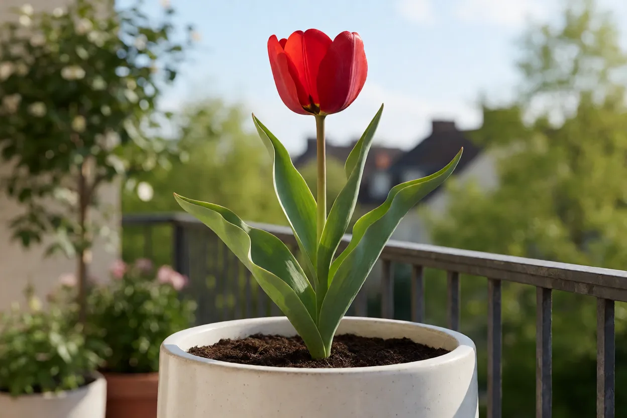Tulipa vermelha adulta em vaso branco de cerâmica em varanda iluminada