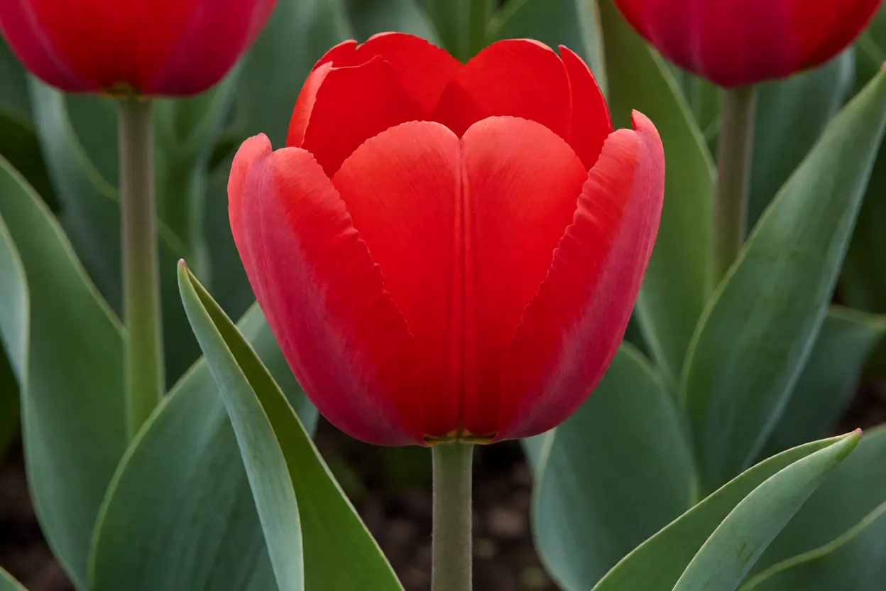 Tulipa vermelha em flora&ccedil;&atilde;o com folhas verdes lanceoladas sob luz natural