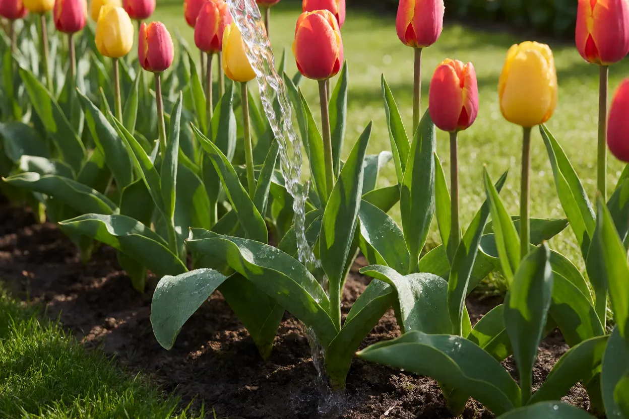 Tulipas sendo regadas na base do canteiro sob sol da manh&atilde;