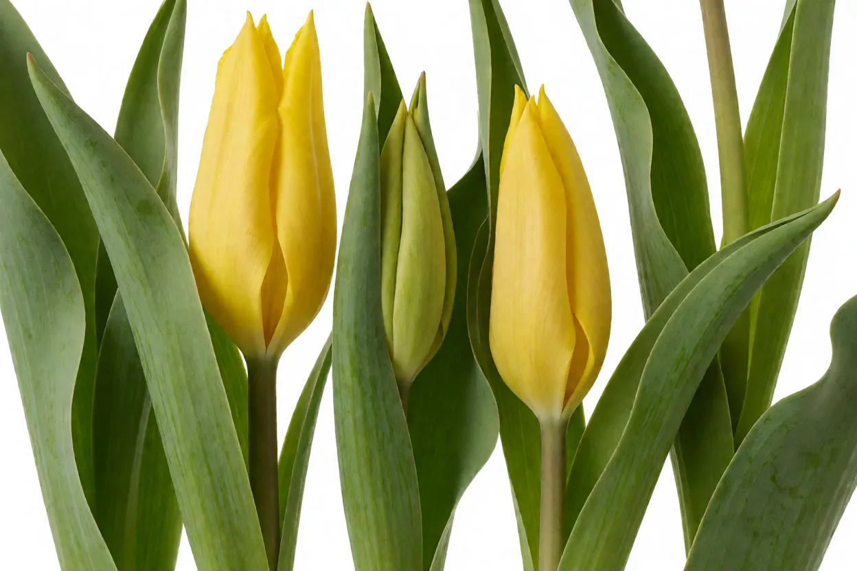 Folhas de tulipa amarelando ap&oacute;s a flora&ccedil;&atilde;o prontas para serem removidas