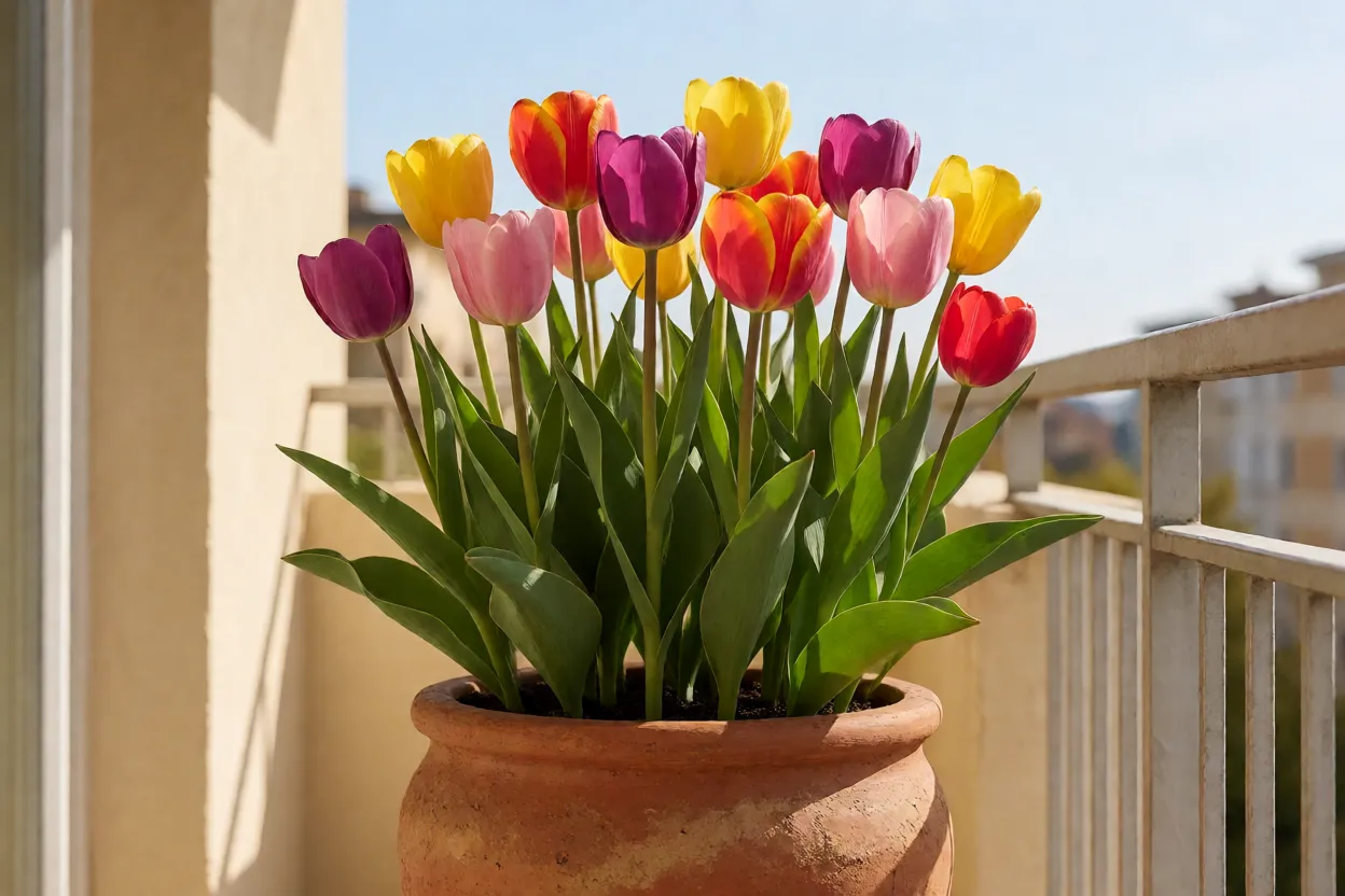 Vaso com tulipas coloridas em flora&ccedil;&atilde;o em varanda ensolarada