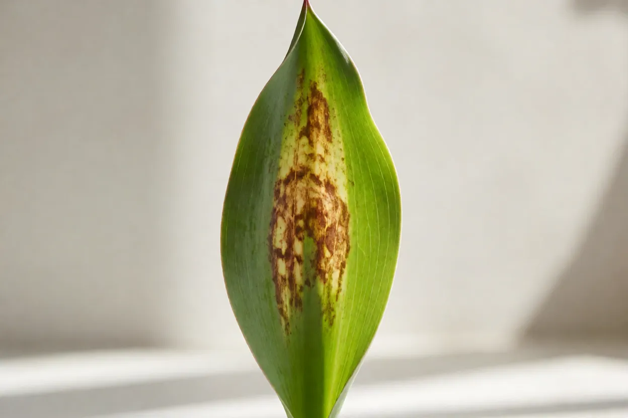 Folha de tulipa com sintomas de doen&ccedil;a f&uacute;ngica manchas marrons