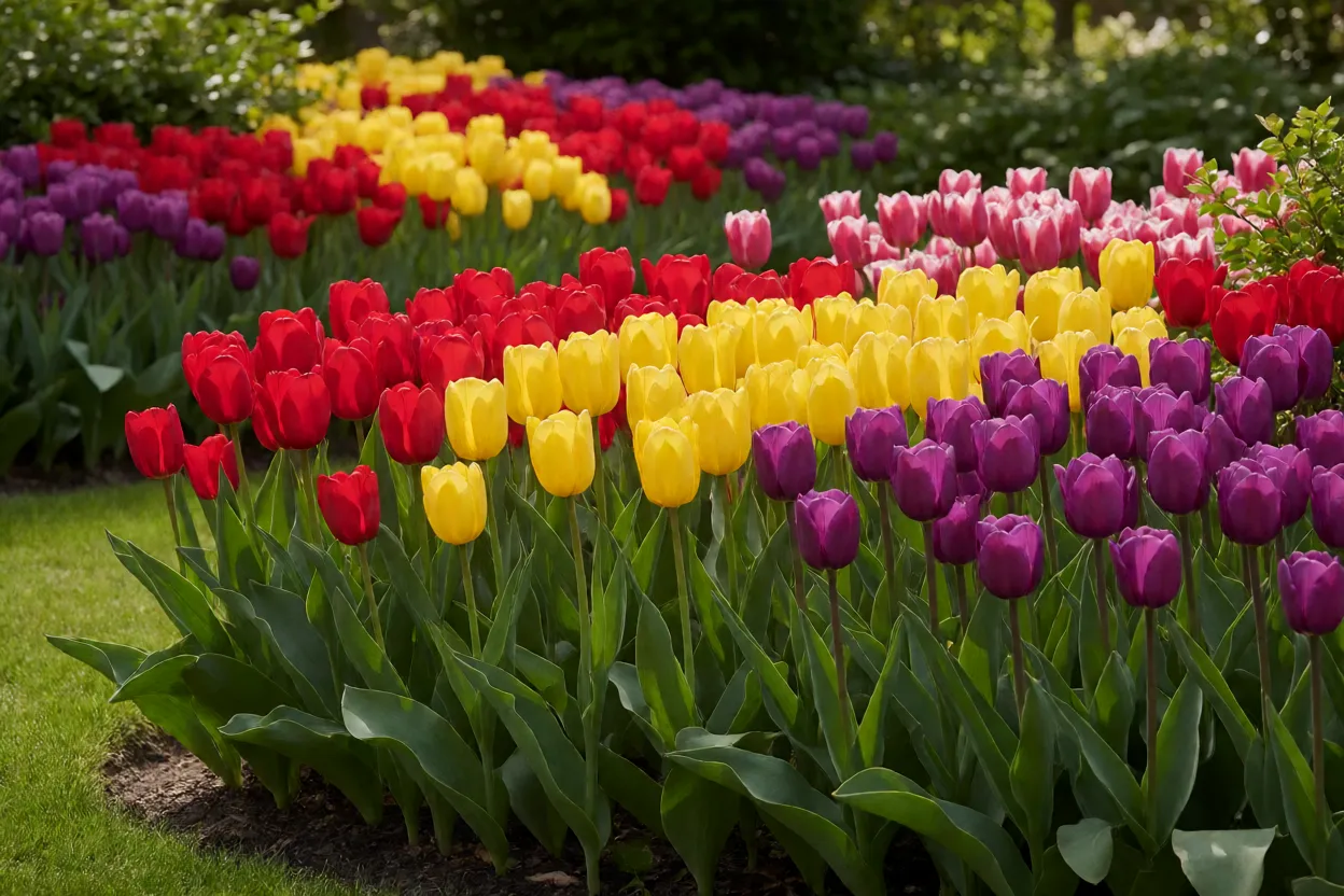 Jardim residencial com massas de tulipas coloridas em plena flora&ccedil;&atilde;o