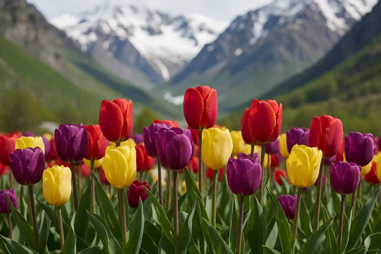 Campo de tulipas coloridas em paisagem de montanha lembrando &Aacute;sia Central