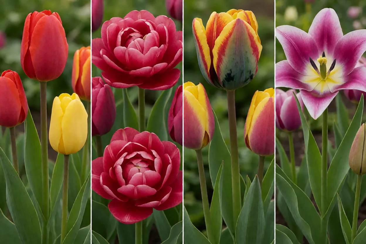 Compara&ccedil;&atilde;o visual de diferentes tipos de tulipas: simples, dobrada, papagaio e l&iacute;rio