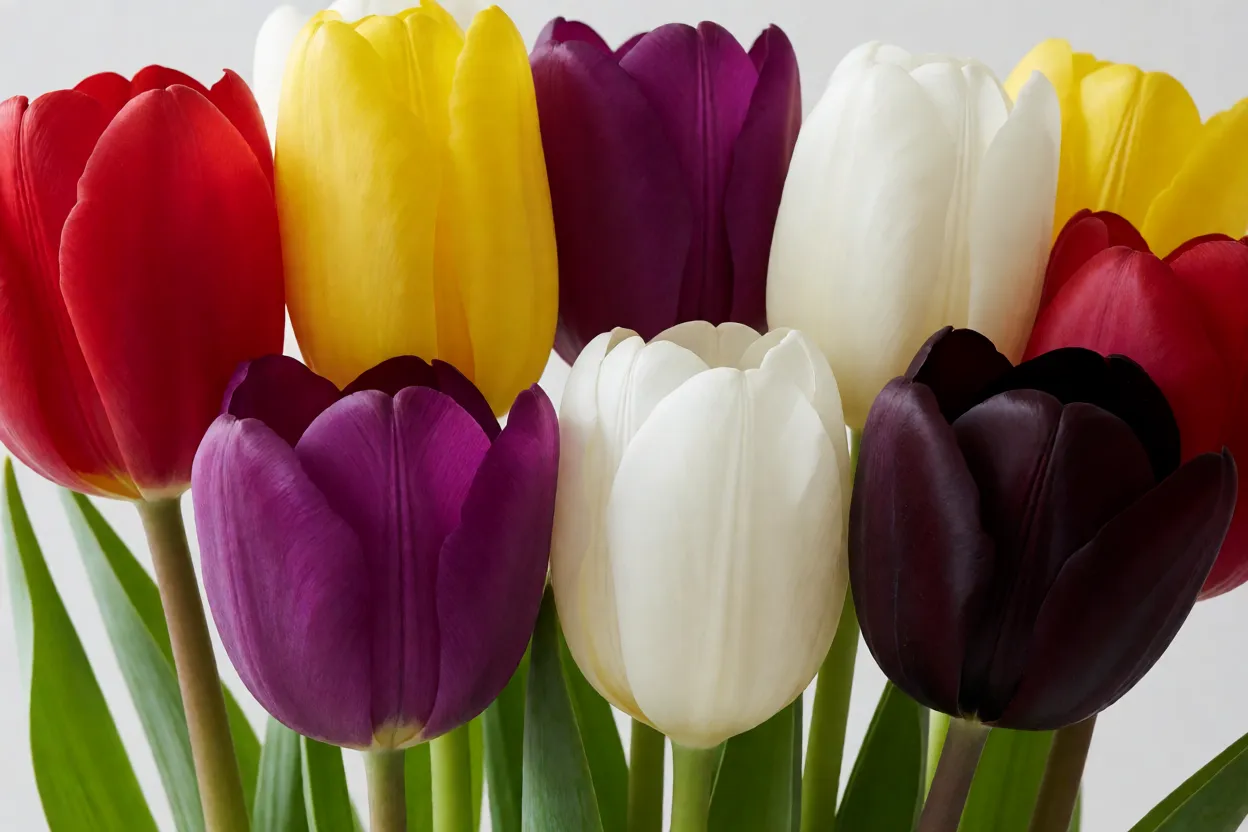 Tulipas de v&aacute;rias cores lado a lado incluindo vermelho, amarelo, roxo e branco