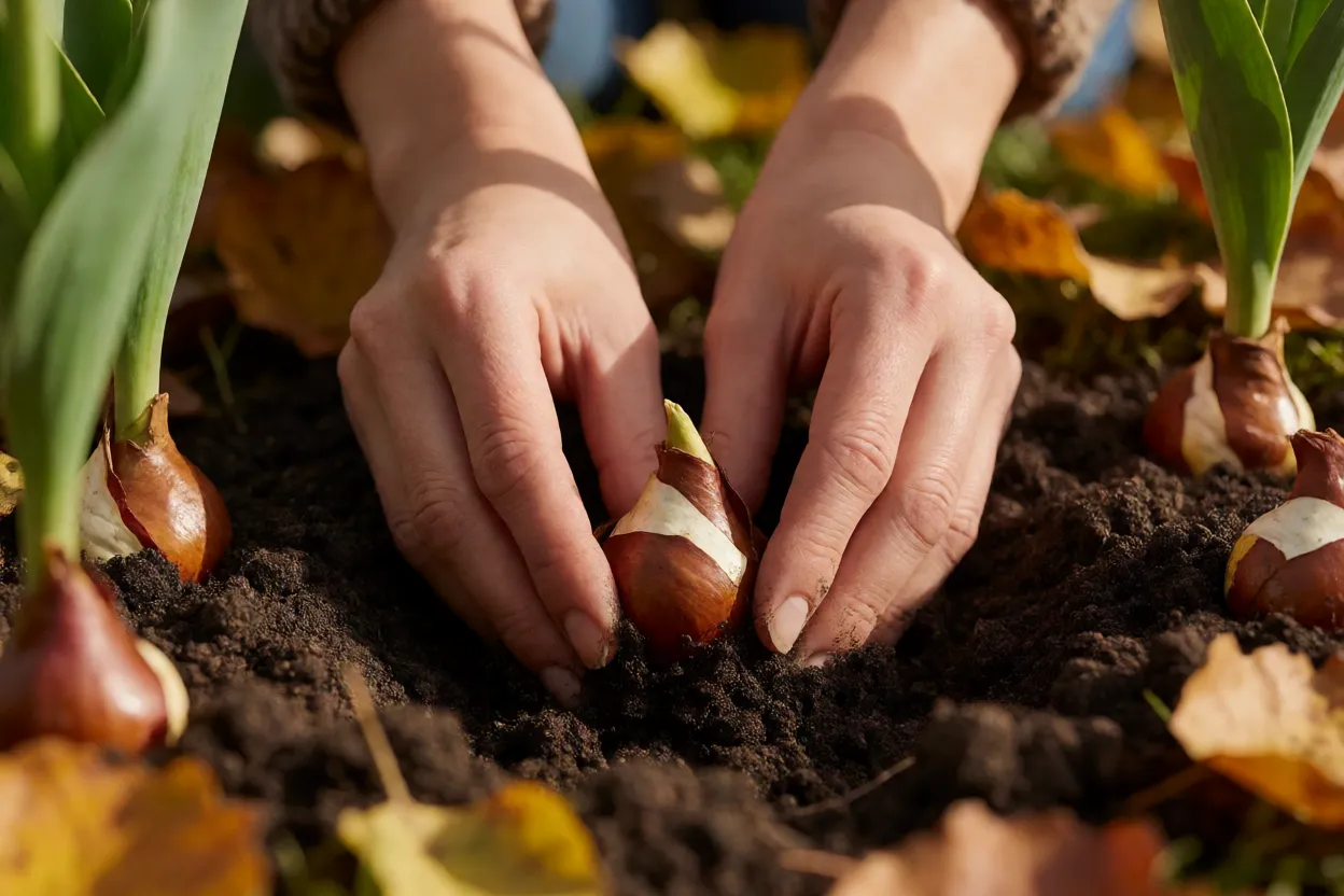 M&atilde;os plantando bulbos de tulipa no solo no outono
