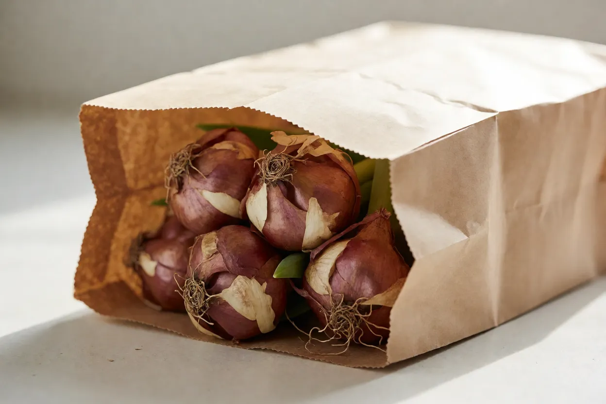 Bulbos de tulipa em saco de papel prontos para pr&eacute;-resfriamento na geladeira