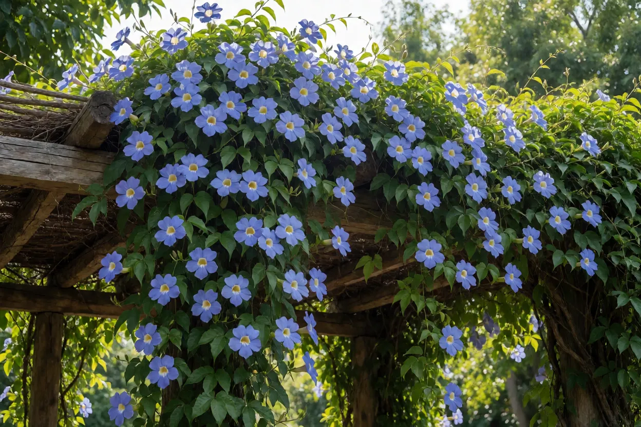 Tumbérgia-azul adulta cobrindo pérgola de madeira com flores azul-celeste