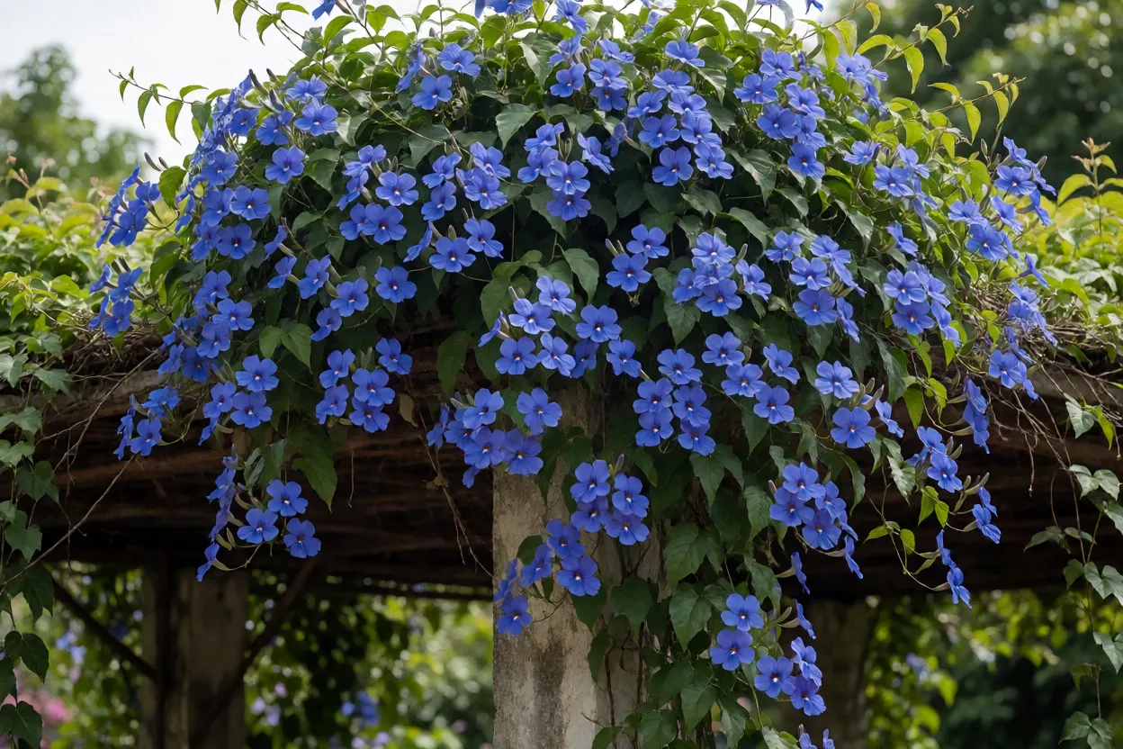 Tumb&eacute;rgia-azul em flora&ccedil;&atilde;o plena cobrindo estrutura de jardim