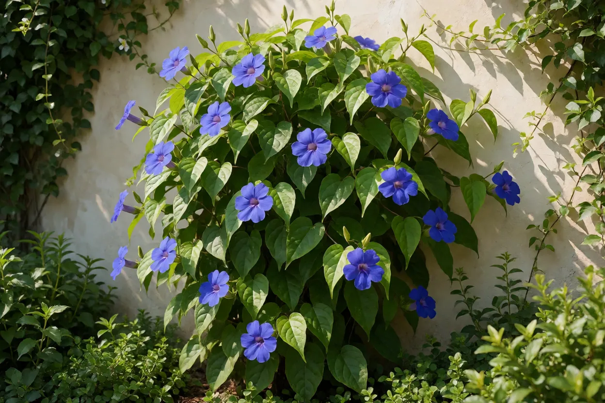 Tumb&eacute;rgia-azul cultivada em local ensolarado de jardim