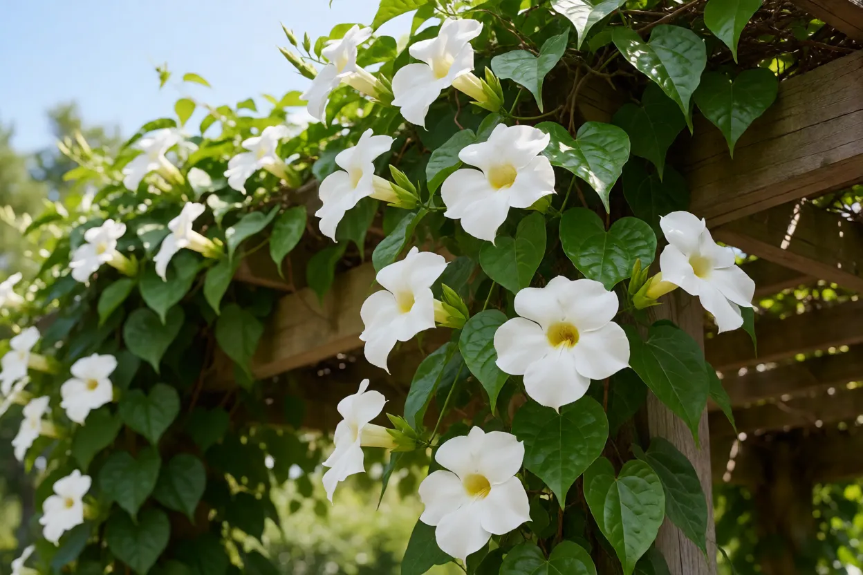 Tumbérgia-branca cobrindo pérgola com flores brancas em forma de trompete