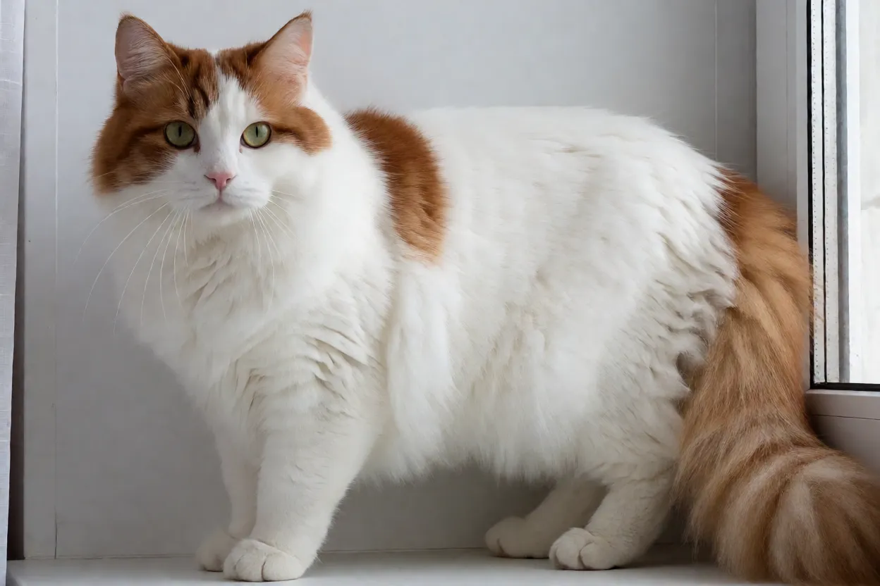 Gato Turco Van adulto de corpo grande branco com manchas ruivas na cabeça e cauda