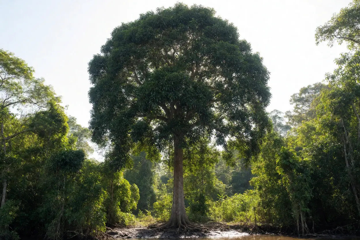 Árvore Ucuúba adulta de grande porte na várzea amazônica com tronco reto e copa densa