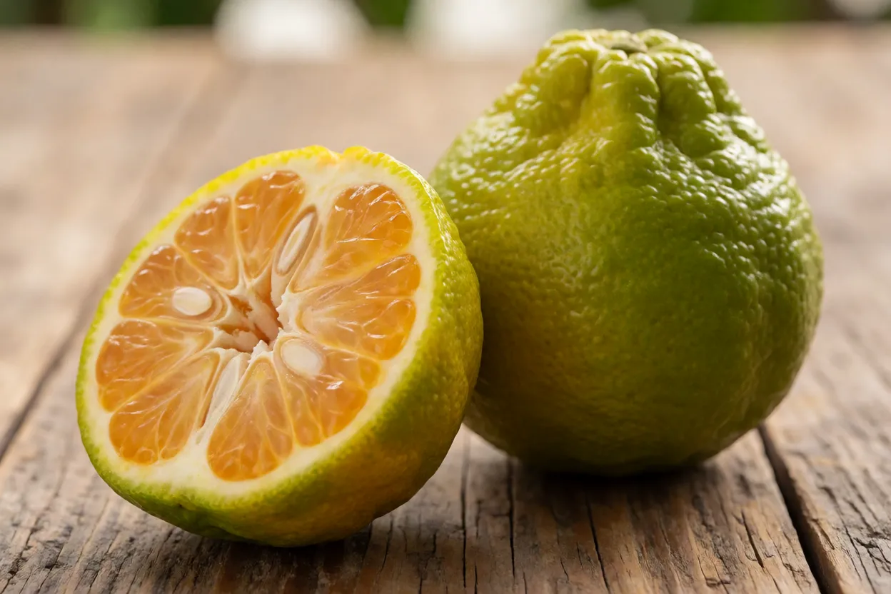 Fruta ugli inteira e cortada ao meio mostrando gomos suculentos