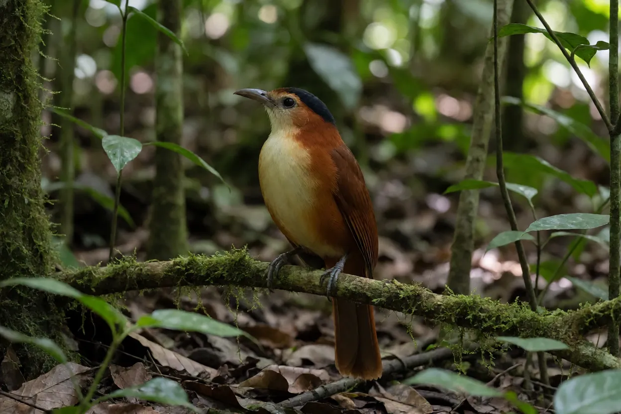 Uirapuru Uirapuru-verdadeiro empoleirado em galho baixo na floresta amazônica