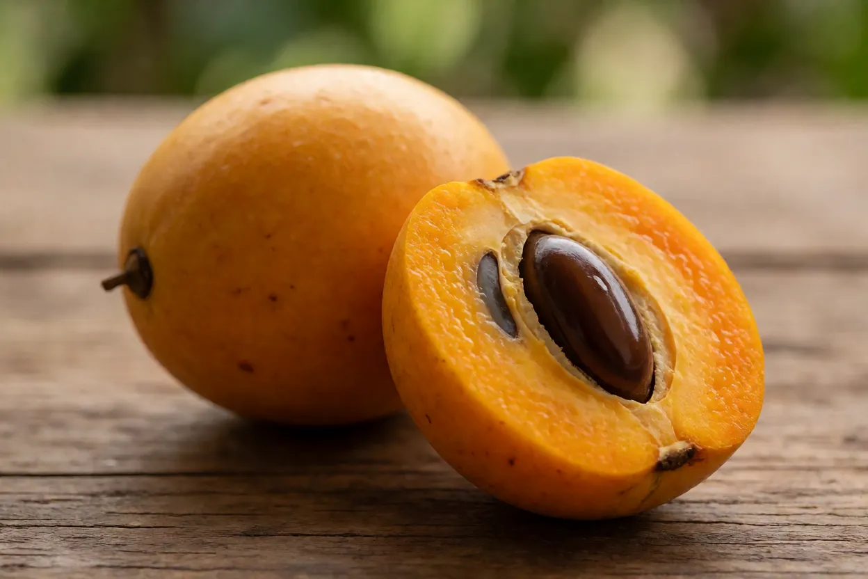 Frutos de umbu inteiros e um cortado ao meio mostrando polpa e caroço
