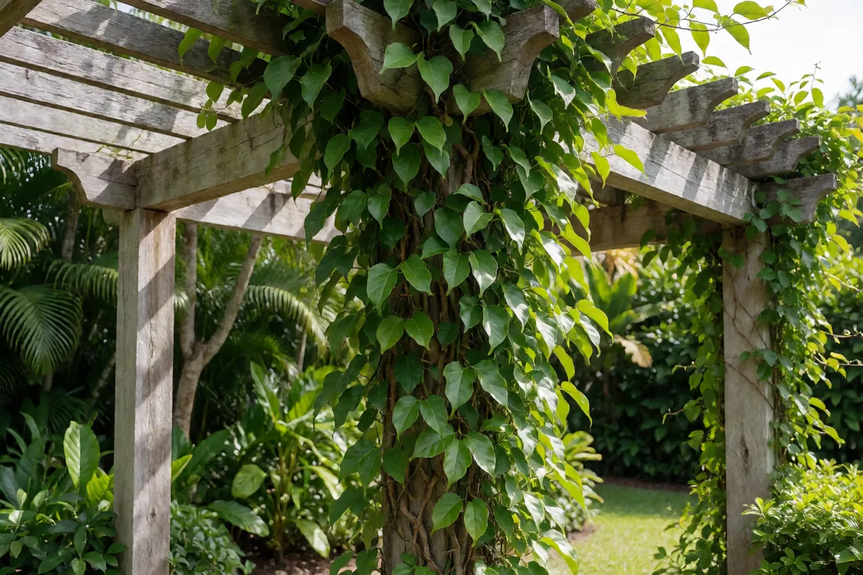Unha-de-gato Uncaria tomentosa adulta cobrindo pérgola em jardim tropical