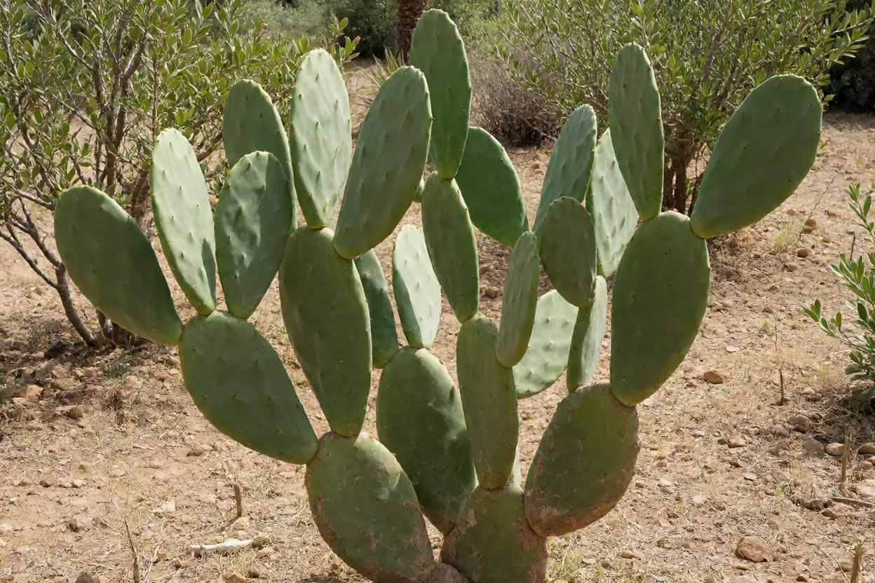 Urumbeta adulta com cladódios achatados verde-claros em jardim de sol pleno