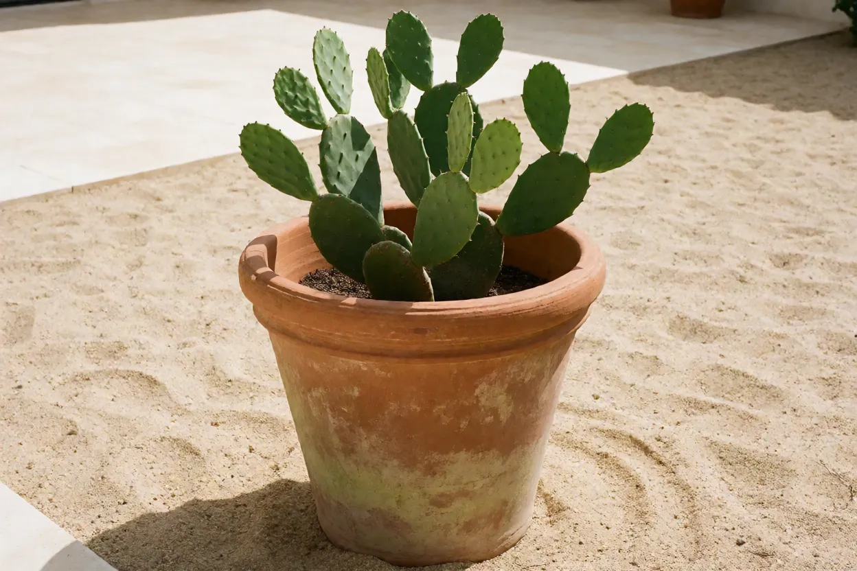 Urumbeta cultivada em vaso grande de barro em varanda ensolarada