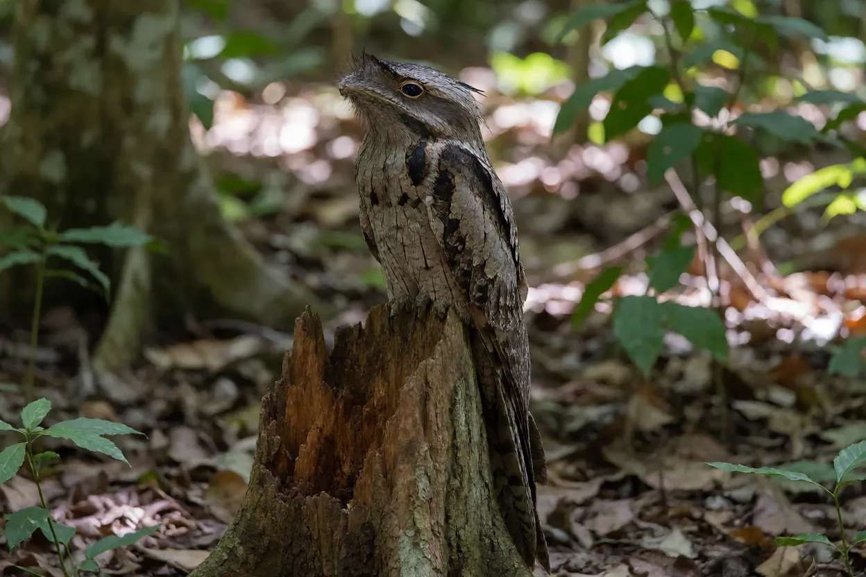 Urutau-grande pousado imóvel em toco de árvore mostrando camuflagem