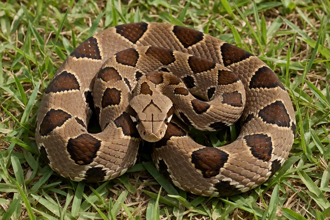 Urutu adulta enrodilhada em campo com padrão em ferradura visível
