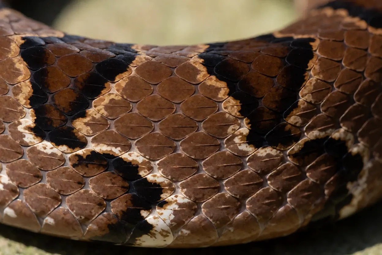 Detalhe das escamas e manchas em forma de C da urutu-cruzeiro