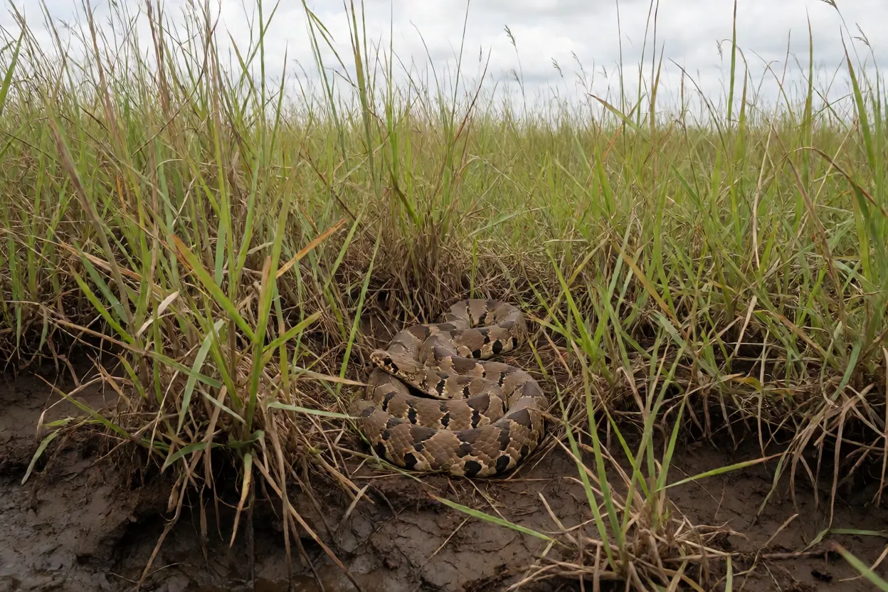 Urutu-cruzeiro camuflada em banhado no Pampa