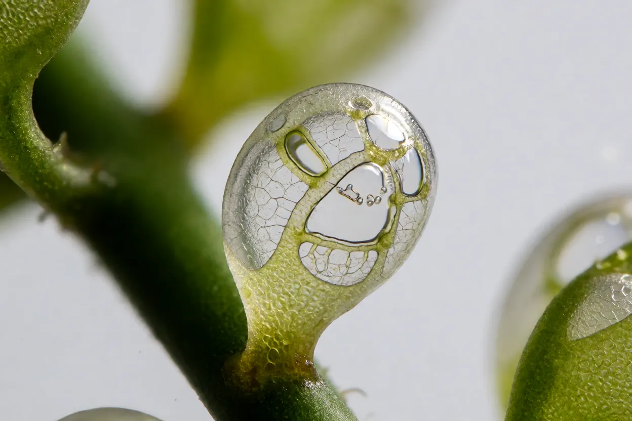 Detalhe microscópico dos utrículos de Utricularia nos estolões