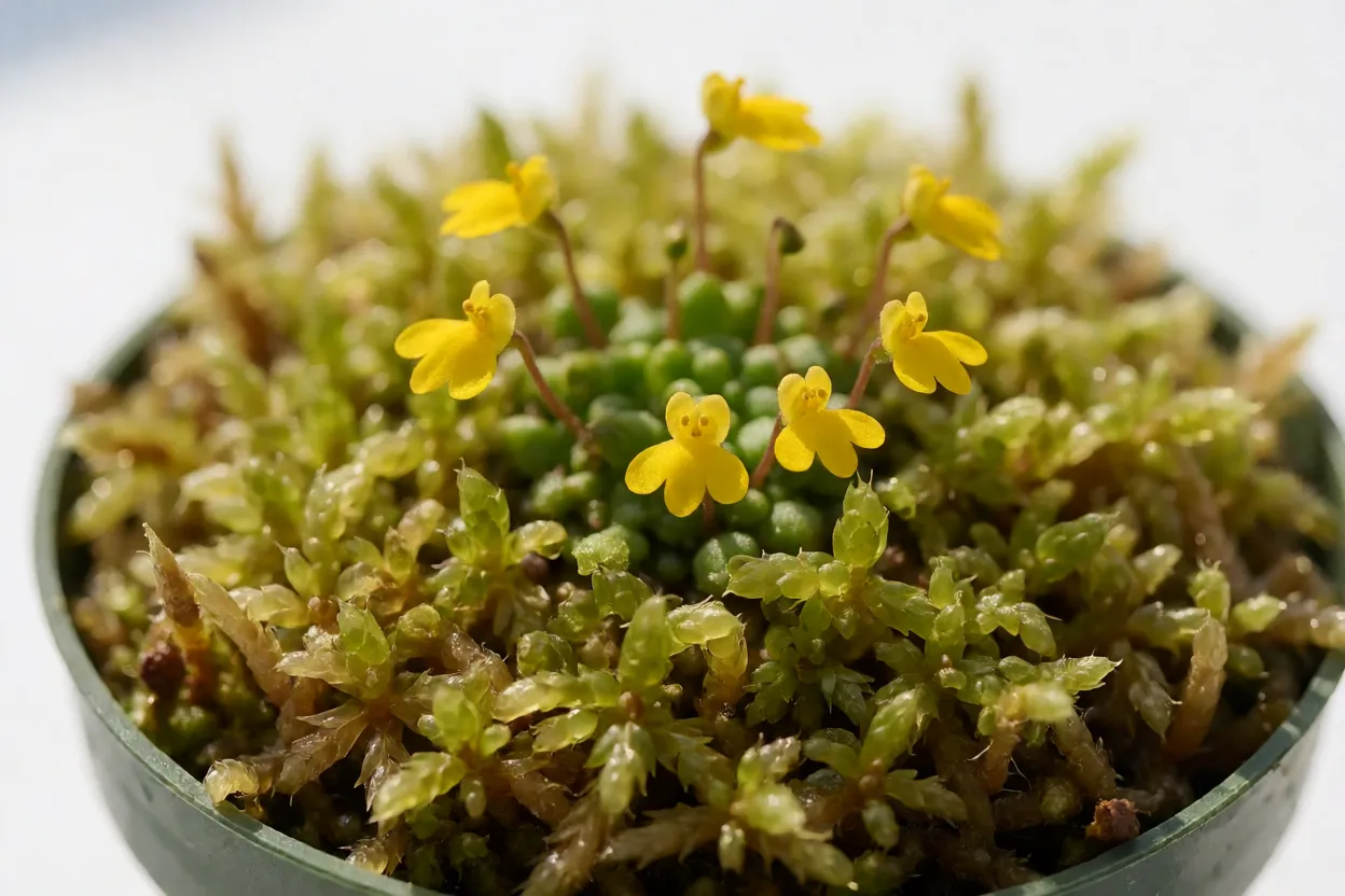 Utricularia subulata com flores amarelas minúsculas em musgo sphagnum