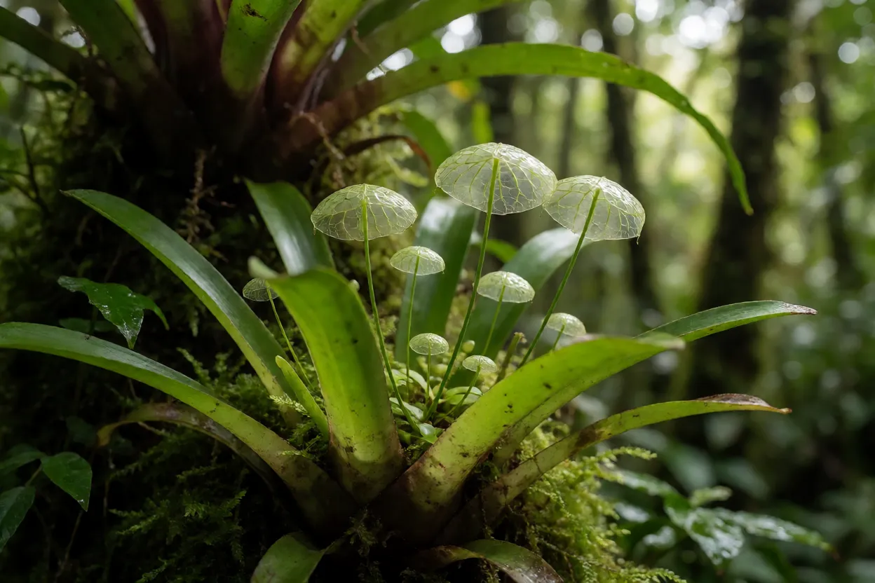Utricularia nelumbifolia epifítica crescendo dentro de bromélia