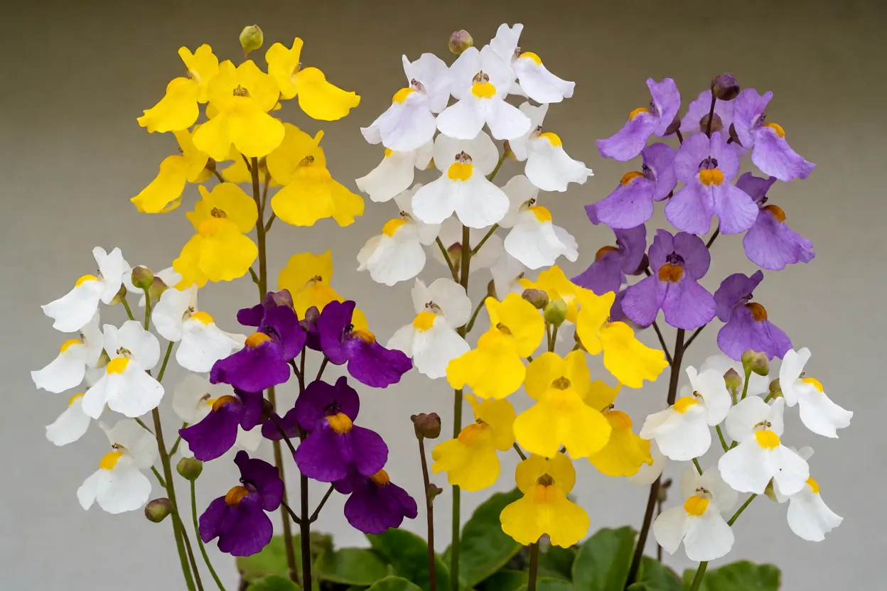 Variações de cores das flores de Utricularia em amarelo, lilás, branco e roxo