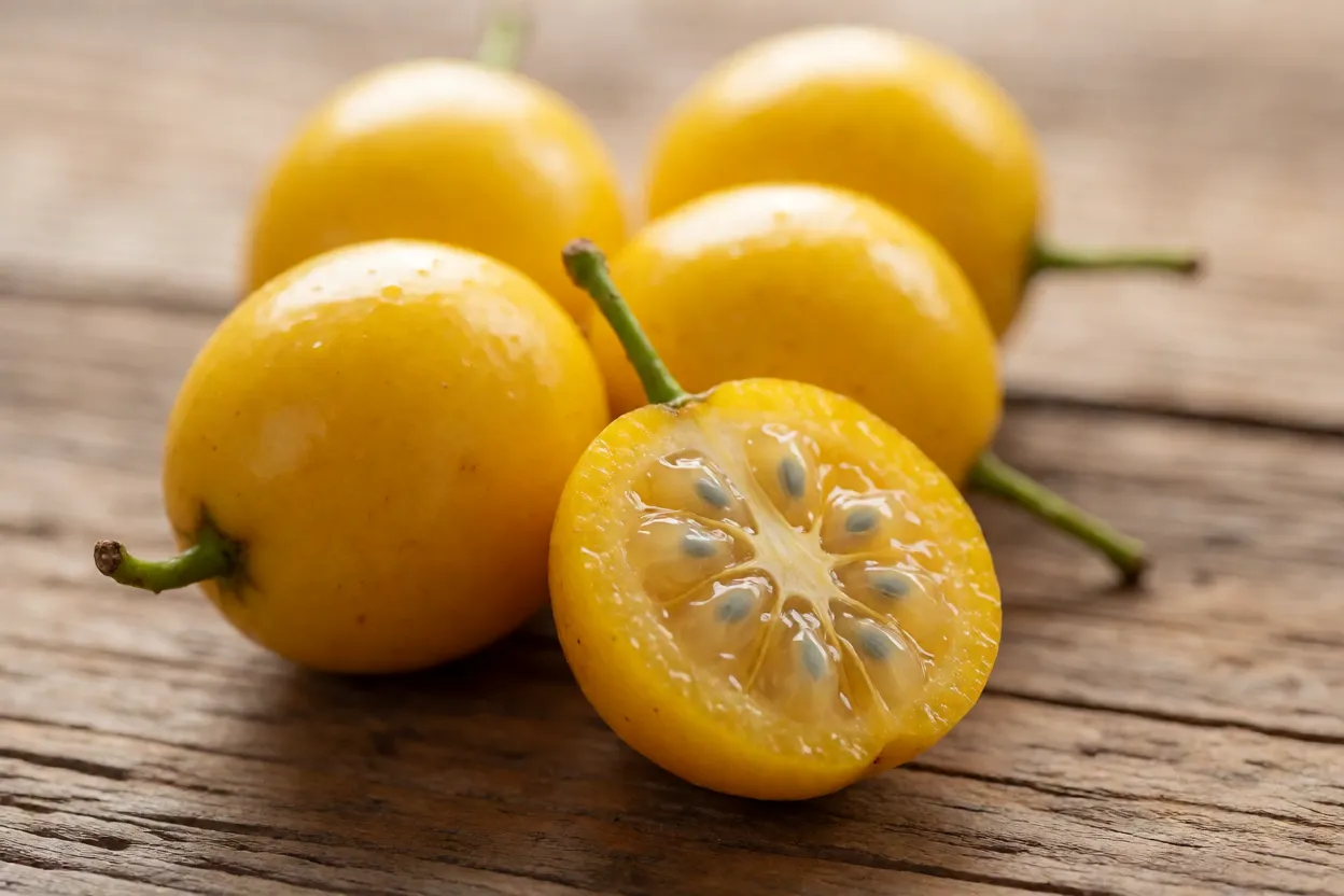 Frutos de uvaia-amarela inteiros e cortado mostrando polpa e sementes