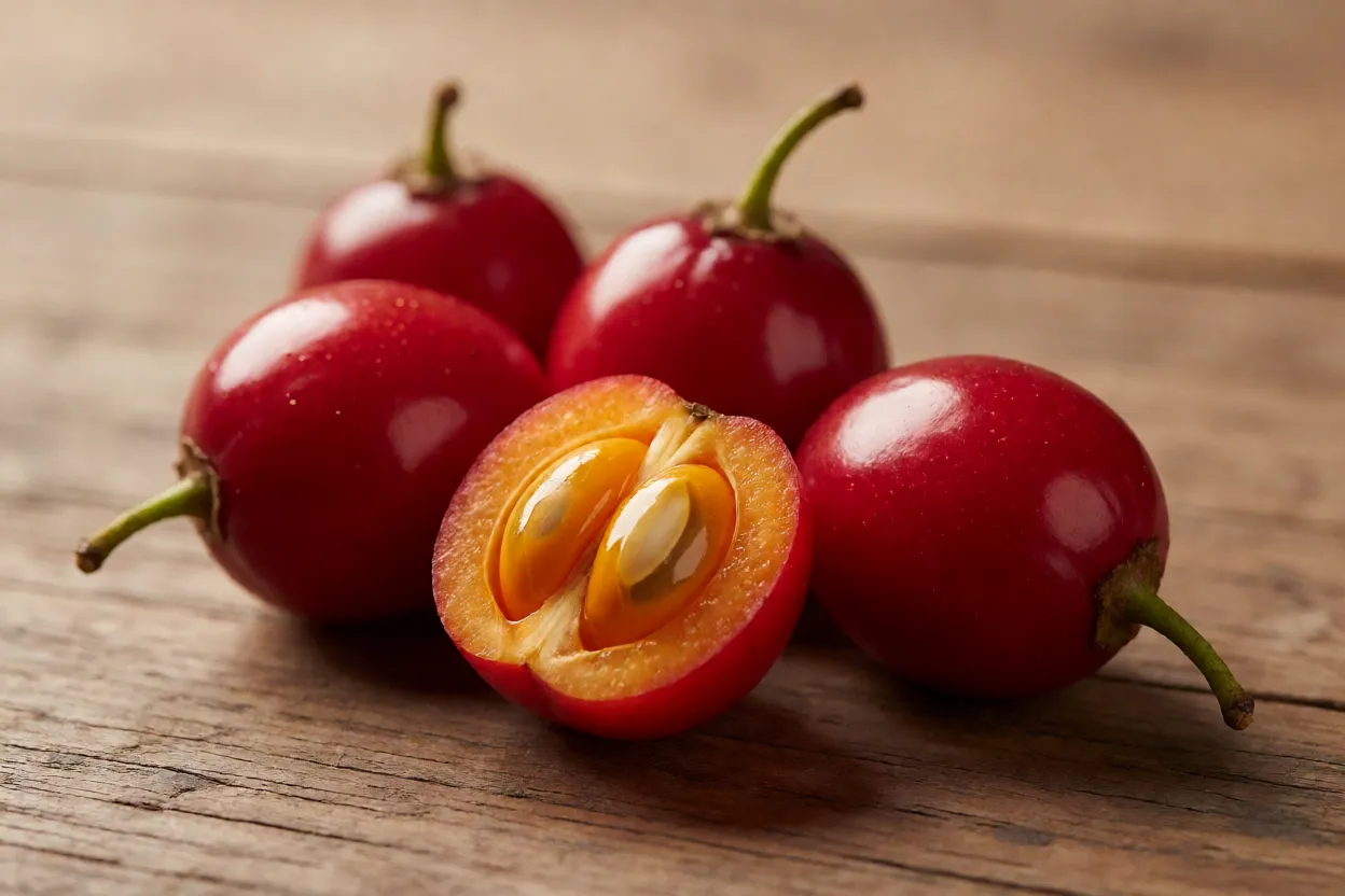 Frutos de uvaia-vermelha inteiros e cortado ao meio mostrando polpa e sementes