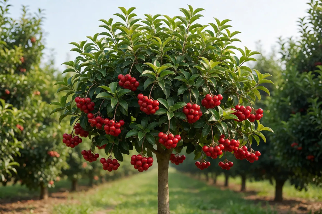 Árvore de uvaia-vermelha carregada de frutos vermelhos