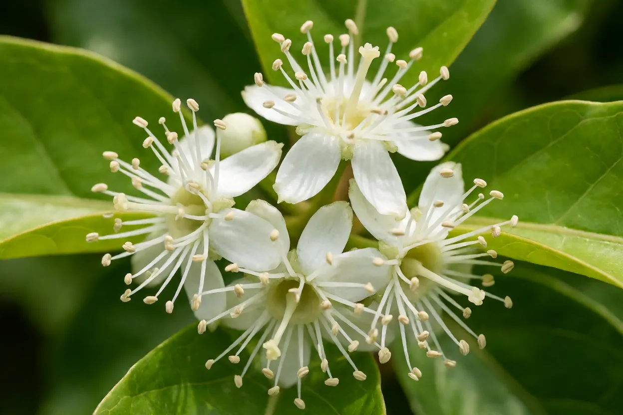 Flores brancas da uvaia-vermelha com muitos estames