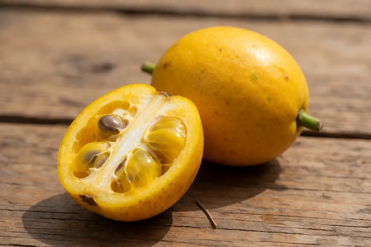 Frutos de uxi-amarelo inteiros e cortado mostrando polpa amarela e caroço lenhoso