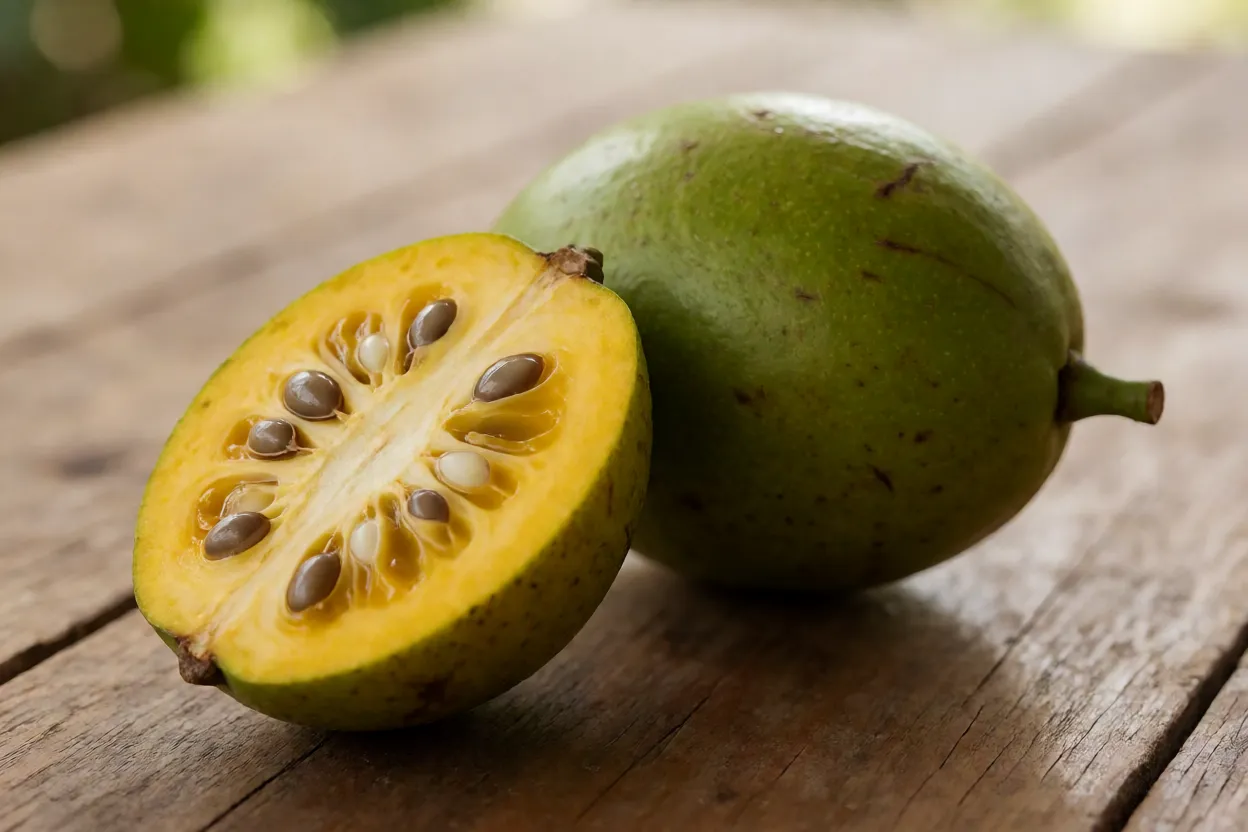Frutos de uxi-liso inteiros e cortado mostrando polpa amarela e caroço lenhoso