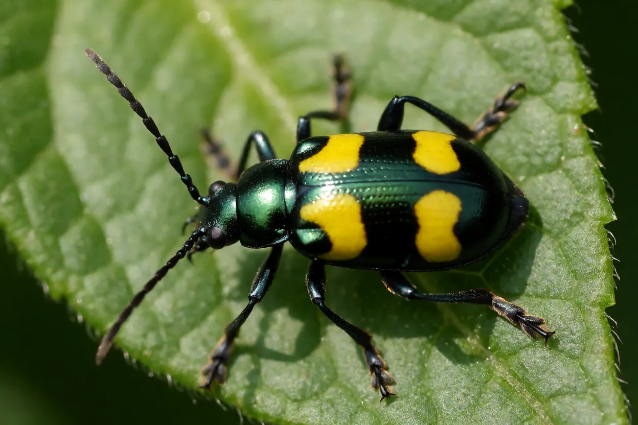 Vaquinha-da-batata adulta verde com manchas amarelas sobre folha de batata