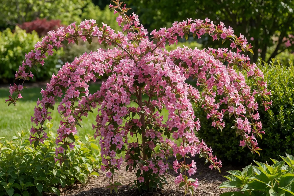 Veigela florida arbusto em plena floração com flores rosa em forma de trombeta no jardim