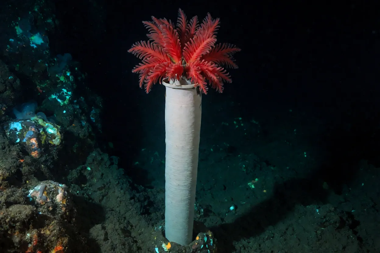 Verme-gigante-de-tubo com pluma vermelha e tubo branco em fonte hidrotermal profunda