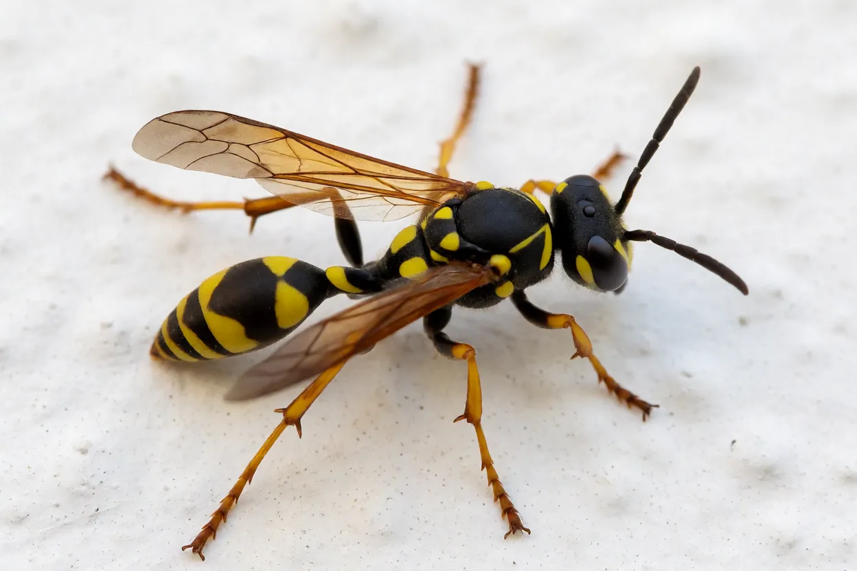 Vespa-oleira Zeta argillaceum de corpo inteiro sobre parede clara