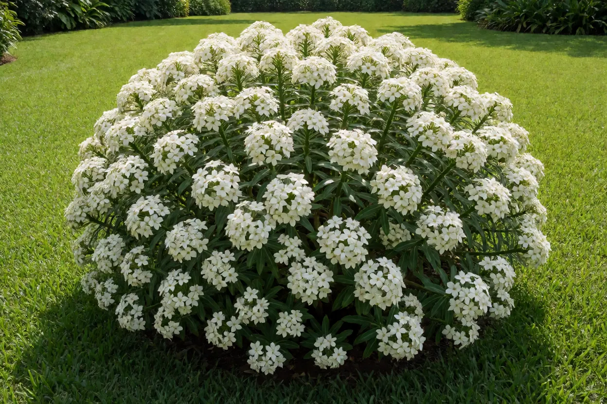 Véu-de-noiva arbusto adulto coberto de brácteas brancas no jardim no inverno