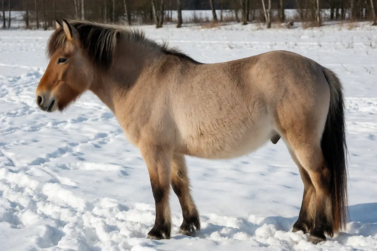 Cavalo Viatka adulto de corpo inteiro em pasto com neve, mostrando porte pequeno e pelagem savrasa