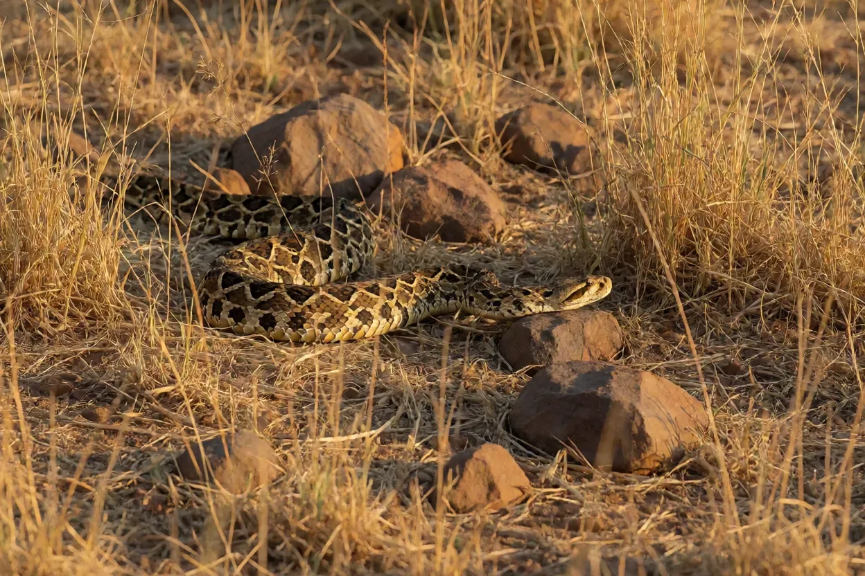 Víbora-bufadora camuflada entre capim seco e pedras em habitat natural