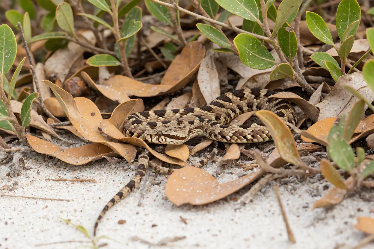 Víbora-da-morte em habitat natural de matagal costeiro australiano