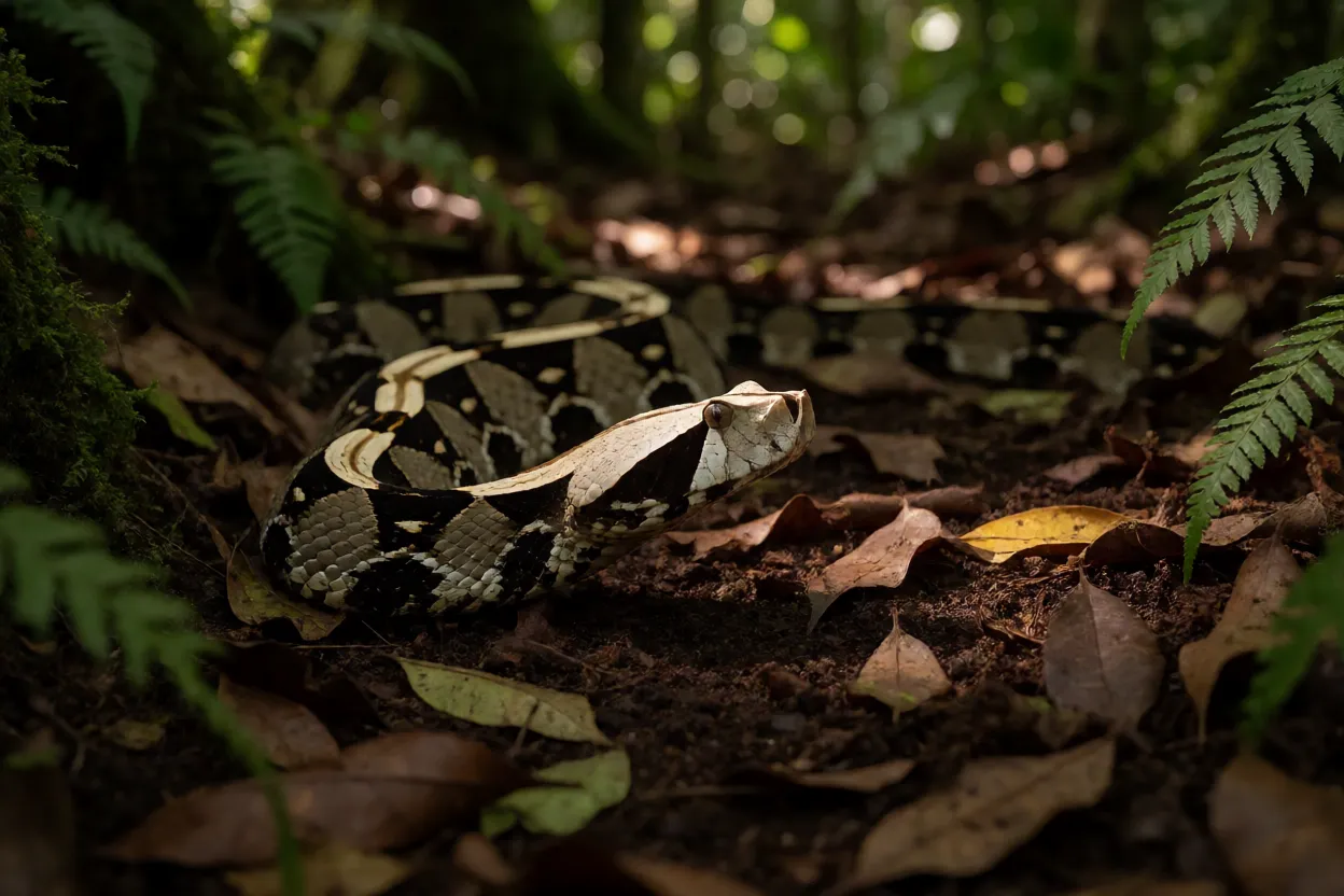 Víbora-do-Gabão em seu habitat natural de floresta úmida africana