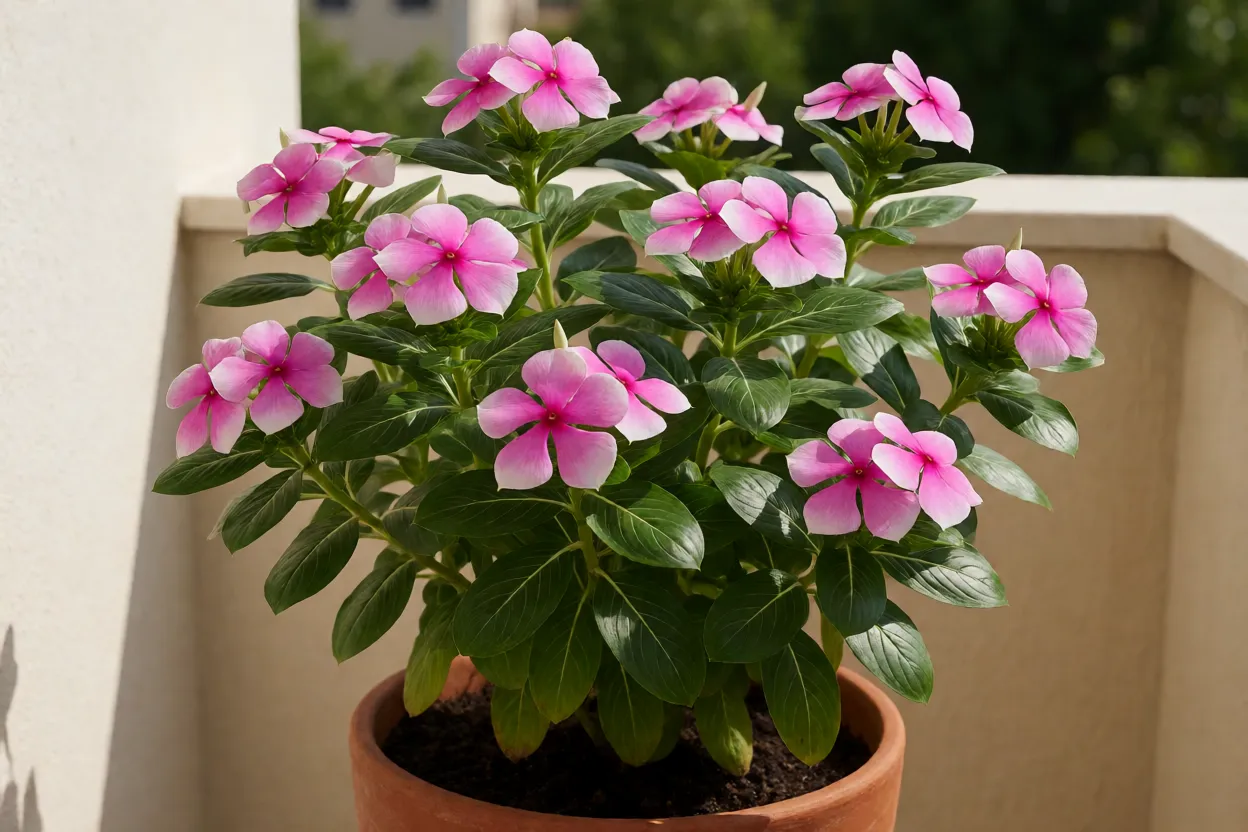 Vidália adulta em vaso de barro com flores rosa e brancas a pleno sol